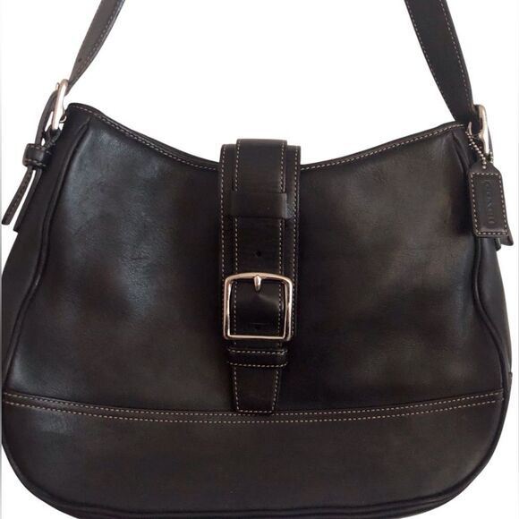 Vintage Coach Hampton Black Leather Buckle Flap Hobo Shoulder Bag #7583 - Picture 1 of 9